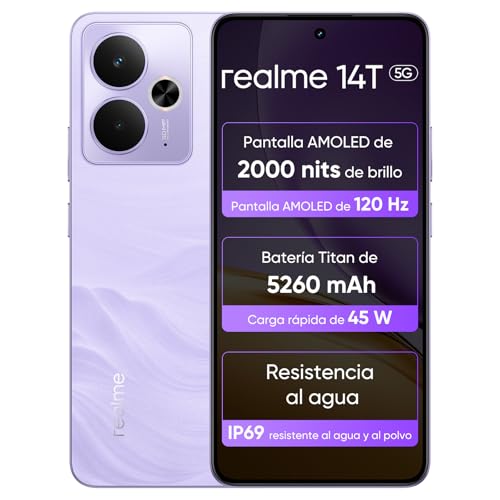 realme 14T 5G Smartphone 8 + 256 GB, chipset Dimensity 6300, Display Esports AMOLED 120 Hz de 6,67 ", capacidade super L de 5260 mAh, IP69 impermeável, design de surf, Next Ai, violeta fulmineo (sem