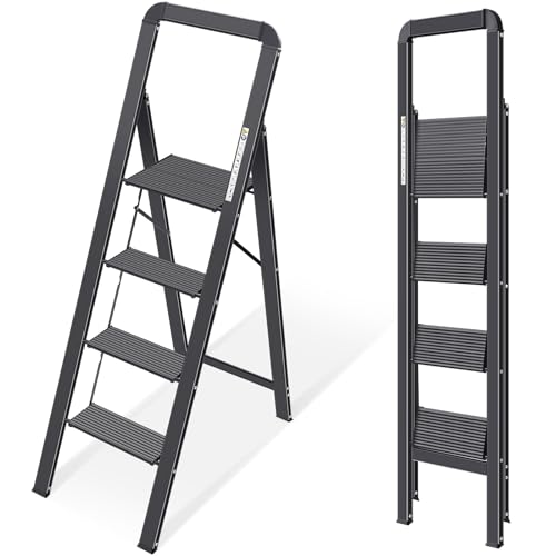 KINGRACK Escada de tesoura 4 degraus dobrável de alumínio, escada doméstica estreita com corrimãos, mecanismo anti-dobrado, uso doméstico cozinha despensa escritório, economia de espaço e portátil,