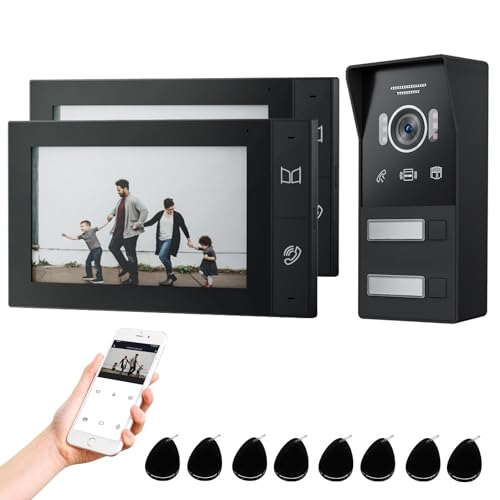 JeaTone Porta-moedas WiFi de 2 fios, 1080P Videoporteiro de 2 monitores, ecrã táctil IP de 7 polegadas, gravação e reprodução, deteção de movimento, desbloqueio por App/Cartão RFID