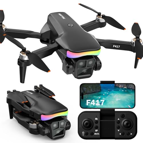 Fakjank F417 Drones para crianças, 90° Ajust Dron com câmara HD 1080P, 5G Wifi, tira LED motor sem escovas, vídeo ao vivo Quadcopter RC dobrável para adultos crianças, One Touch descolagem/aterragem