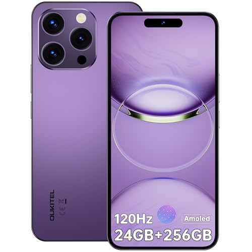 OUKITEL P1 Telefones celulares livres, ecrã AMOLED 120 Hz FHD+ Smartphone Android 14, 24 GB RAM+256 GB ROM/2TB telemóvel, câmara 50 MP+32 MP, 5150 mAh bateria, GPS/Face ID/Impressão digital. Lar, roxo