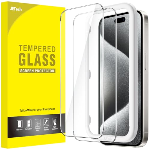 JETech Protetor de ecrã para iPhone 15 Pro de 6,1 polegadas, sem bolhas, vidro temperado, com estrutura de instalação fácil, compatível com capa, HD transparente, 2 unidades