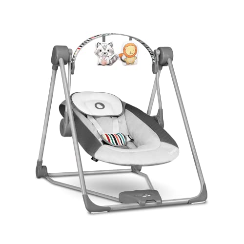 LIONELO Otto Balanço portátil para bebés até 9 kg, 5 velocidades de balanço, sistema de cintos de segurança, montagem fácil, arco de brinquedos interativos ajustável cinzento (cinzento)
