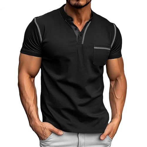 Donason T-shirt de manga curta para homem camisa Henley casual de verão t-shirt básica gola redonda com botões e bolso