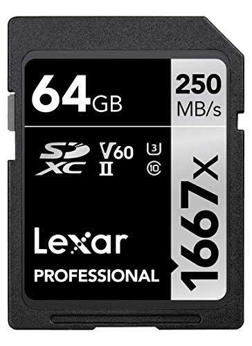 Lexar Professional 1667x cartão SD 64 GB, SDXC UHS-II cartão de memória, até 250 MB/s, de leitura, classe 10, U3, V60, SD para fotógrafo profissional, câmara de vídeo, entusiasta (LSD64GCB1667)