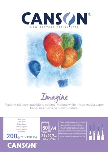 Canson Imagine, papel misto médio, grau leve, 200 g, colados de lado curto, A4-21 x 29,7 cm, branco natural, 50 folhas