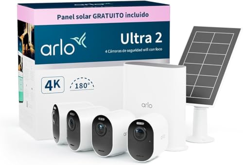 Arlo Ultra 2 Câmara de vigilância WiFi exterior 4K painel solar, câmara de vigilância WiFi interior, sensor de movimento, visão noturna cor, teste de arco seguro incluído, 4 câmaras, brancas