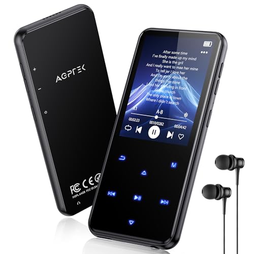 AGPTEK 64 GB MP3 Leitor Bluetooth 5,3, ecrã de metal MP3 Player com altifalante de 2,4" e leitor de MP3, microfone desportivo MP3 Player, com alto-falante, botões de toque, rádio FM, E-Book, gravação,