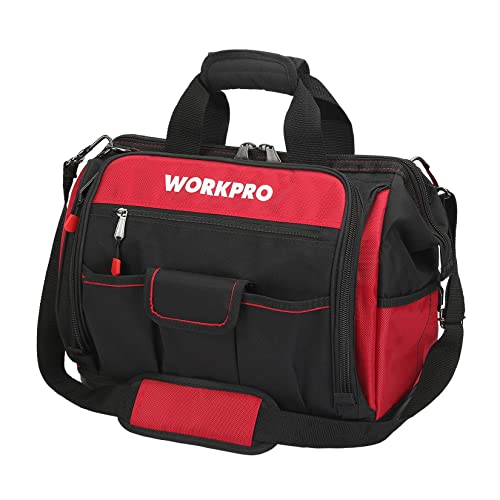 WORKPRO Bolsa de ferramentas 42 x 25 x 34 cm, bolsa de ferramentas com carga máxima 18 - 30 kg, encosto rígido resistente à água, alça larga ajustável para o ombro, fecho de correr flexível