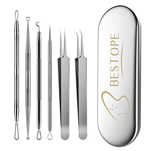 Removedor de espinhas, conjunto de removedor de acne de 6 peças - conjunto de pinças com caixa de metal ferramenta para remover