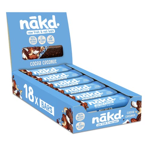 Nākd. Cocoa Coconut Barrinhas Raw de frutas e frutos secos, 100% ingredientes naturais, sem açúcar adicionado, 18 x 35 g, 630 g