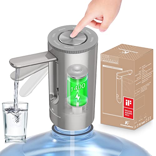 KitchenBoss - Dispensador de água elétrico-garrafa de água: Dosificador de água de carraças portátil, carga tipo C, doseador de água para garrafas de 3,8 - 18,9 litros, cinzento prateado