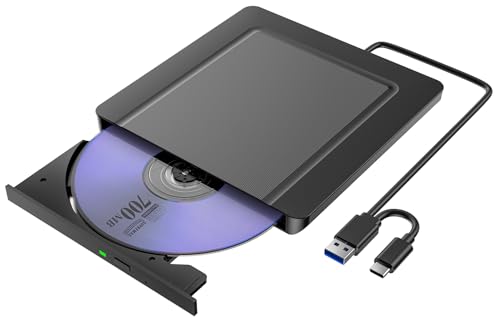 Leitor CD DVD externo, super fino gravador de CD DVD unidade externa com USB 3.0 e USB-C, unidades portáteis CD/DVD/-RW/ROM estável para PC/portáteis/Windows 11/8/7/XP/Vista/Linux/MacOS