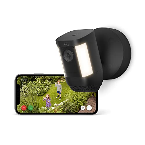 Ring cámara Pro con luces cableada (Spotlight Cam Pro Wired) | Cámara de seguridad exterior con vídeo 2K, Ring Vision, detección de movimiento 3D y luces LED | 30 días de prueba gratuita de Ring Home