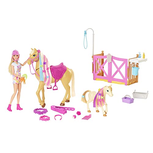 Barbie Com cavalo e pónei boneca loira e pónei de brinquedo, acessórios de estábulo e para pentear, presente para meninas e meninos +3 anos (Mattel HGB58)