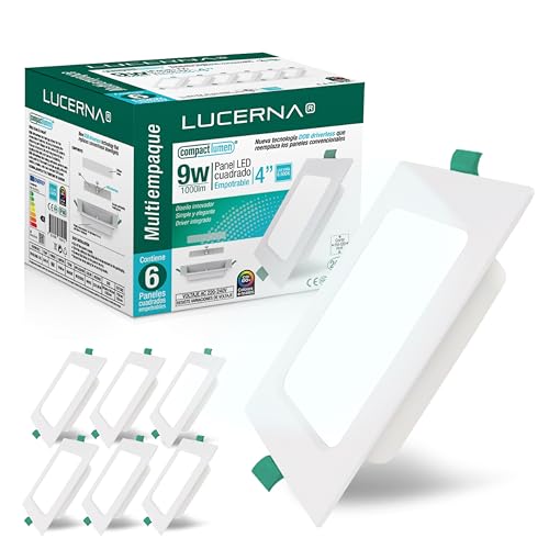 LUCERNA Downlight LED recarregável quadrado, holofotes no interior, teto, padrão com orifícios, conjunto de 6 unidades (luz fria 6500 K, 9 W)
