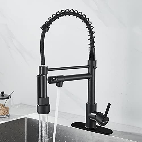 Torneira de cozinha, pulverizador removível de mola, todo material de cobre, modo duplo giratório de água fria e quente com 2 saídas cabeça pulverizadora, preto