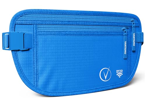Cinto de dinheiro oculto para viagens, carteira de cintura com proteção RFID, Santorini azul, Cinto de carteira RFID