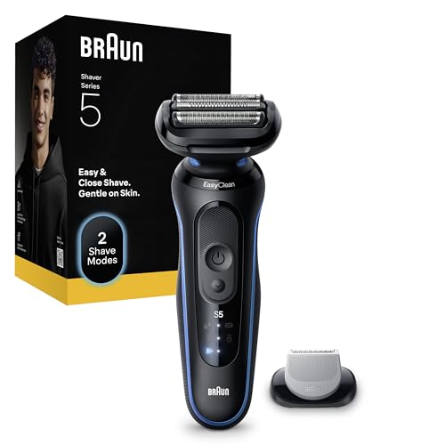 Braun Máquina de barbear elétrica homem série 5, máquina de barbear a seco e molhado, 2 modos de barbear, 50 min de uso, cabeça de aparador corporal, estojo de viagem, 52-B1600S, azul
