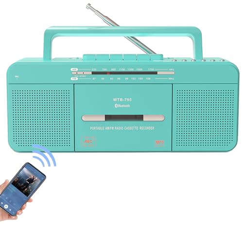 WISCENT Reprodutor de cassete com rádio estéreo USB/Bluetooth/Am/FM, conversor de cassete para MP3, altifalante grande, conector para auriculares (verde leitor de cassete)