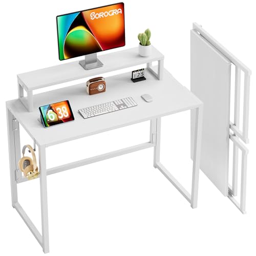 SOROGRA Mesa dobrável com suporte para monitor, mesa de computador para escritório em casa e estúdio, mesa pequena de montagem fácil para espaços pequenos, branco