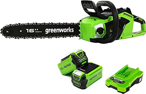 Greenworks GD40CS18K2X Motosserra a bateria, motor sem escovas, barra de 40 cm, velocidade de corrente 20 m/s, 3,81 kg, auto-lubrificação, proteção contra retrocesso, 2 baterias de 40 V 2 Ah e
