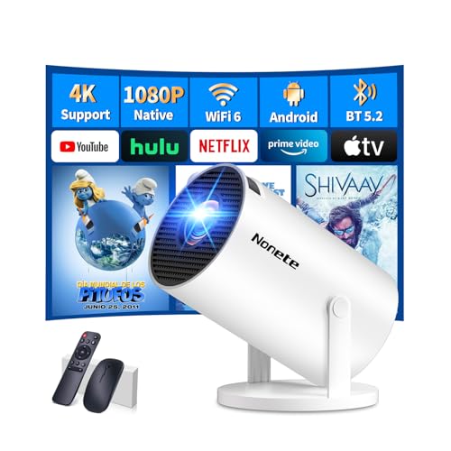 [App integrado]2025 Projetor portátil, 1080P Full HD, suporte 4K, mini projetor vídeo com WiFi 6 e BT 5.2, suporta rotação de 180°, correção automática de keystone, compatível com HDMI/TV Stick. /USB