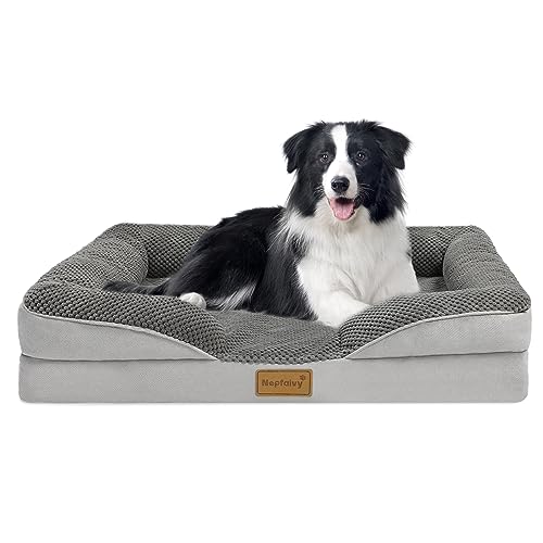 Nepfaivy Cama grande impermeável para cão, ortopédica com almofadas de almofada, 91 x 68 cm, sofá-cama grande macio para cães com capas removíveis e laváveis, cor cinza escuro