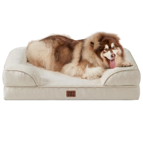 EHEYCIGA Cama extra grande, 132 x 104 x 20 cm, XXL colchão cão impermeável lavável com espuma viscoelástica, sofá, cão ortopédica removível, bege