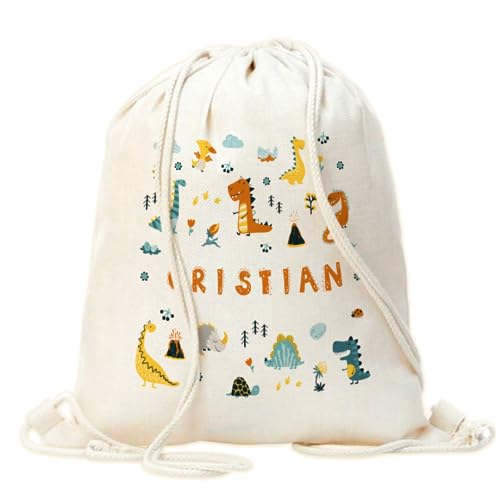 CUAC REVOLUTION Mochila saco menino personalizada design dinossauros. Mochila de cordas infantil para voltar à escola ou berçário., natural