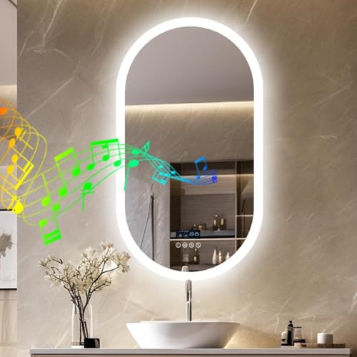 LUVODI Espelho casa de banho com luz LED oval 80 x 50 cm com Bluetooth espelhos de casa de banho anti-embaciamento com ecrã digital e luz retroiluminado regulável espelho moderno inteligente com
