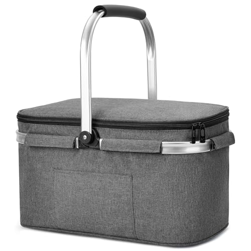 ALLCAMP Cesto dobrável - cesta térmica para compras com tampa, cesta de piquenique removível para 4 pessoas, cesta térmica grossa cesta térmica com moldura de alumínio (preto grande)