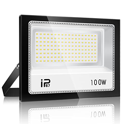 Foco LED para exterior, 100 W, iluminação de exterior de segurança, 7000 K, branco frio, projetor LED exterior, IP67 impermeável 1000 LM, super brilhante holofote LED, para pátio, garagem, entrada,