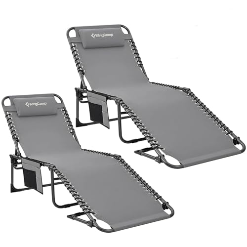 KingCamp Conjunto de 2 espreguiçadeiras dobrável para exterior, espreguiçadeira, jardim, encosto ajustável em 5 posições, cadeira de jardim, espreguiçadeira de praia, cama de campismo com almofada