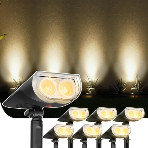 Linkind StarRayS Luzes solares LED para exterior e jardim, 3000 K branco quente foco solar LED, 350 Lm candeeiro exterior com 2 modos para jardim, pátio, calçada, piscina, 6 peças