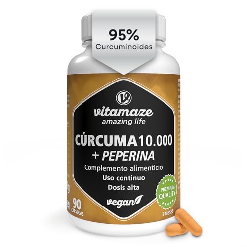 Cúrcuma Premium 95% (10.000 mg) com bioperina (pimenta preta de maior absorção) de alta dose apenas 1 cápsula por dia, 90 cápsulas para 3 meses, sem aditivos, Made in Europe Vitamaze