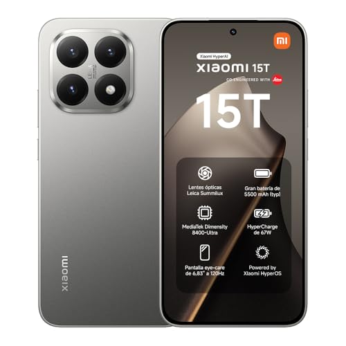 XIAOMI 15T Smartphone de 12 + 256 GB, lente ótica Leica Summilux, MediaTek Dimensity 8400-Ultra, ecrã olho cuidado de 6,83" de 120 Hz, HyperCharge de 67 W, carregador não incluído, cinzento (versão ES