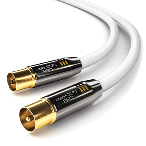 deleyCON 1,5 m Cabo de antena coaxial para TV HDTV Full HD, tomada para tomada de televisão, prego metálico - analógico digital - branco