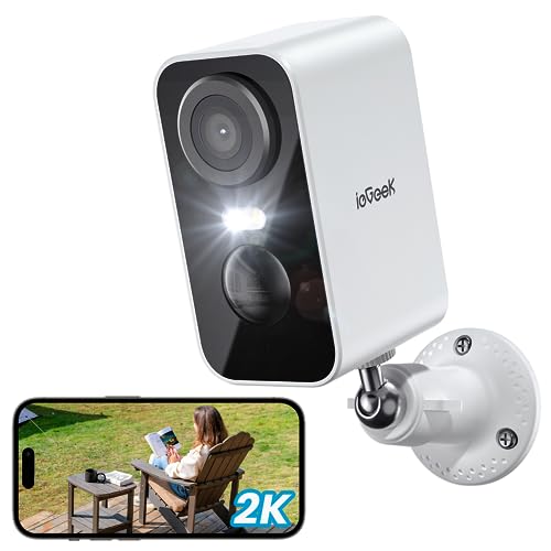 ieGeek 2K Câmara de vigilância WiFi exterior/interior sem cabos, câmara de vigilância exterior com bateria recarregável, visão noturna colorida de 10 m, deteção de movimento PIR, áudio de 2 vias