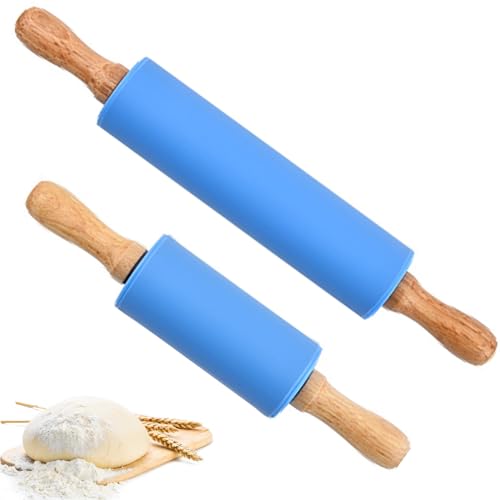Rolo de pastelaria de silicone, rolo de cozinha, rolo de silicone anti-aderente, cabo de madeira de silicone, rolo traseiro, rolo amassar cozinha com cabo de madeira para massas, pastelaria, 2