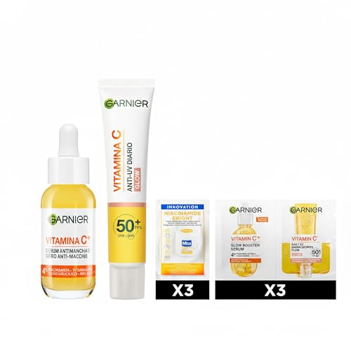 Garnier SkinActive Vitamina C Rotina anti-manchas: UV Fluid FPS 50 Glow 50 ml + sérum antimanchas, dia 30 ml + amostras de presente (3 x mistura creme corporal antimanchas e 3 x sérum antimanchas)