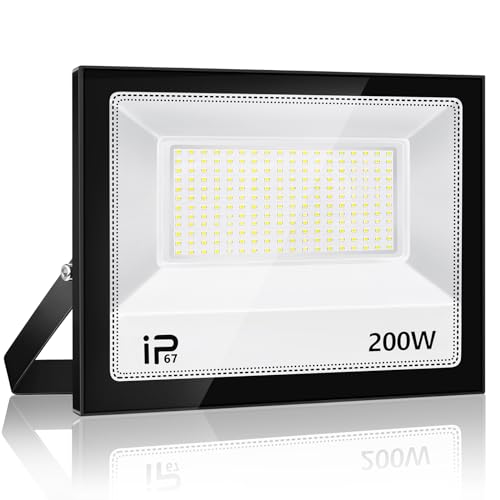 Foco LED para exterior, 200 W, iluminação de exterior de segurança, 7000 K, branco frio, projetor LED exterior, IP67 impermeável 2000 LM, super brilhante holofote LED, para pátio, garagem, entrada,