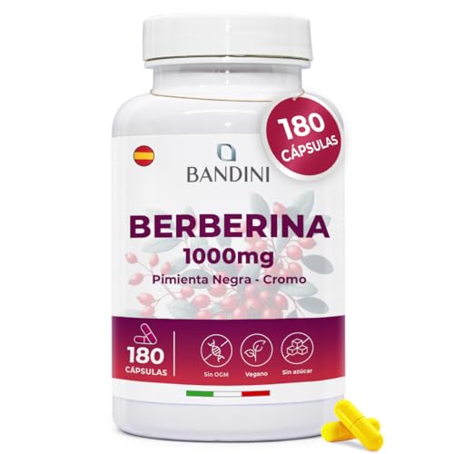 Bandini® Berberina 1000 mg - 180 cápsulas veganas, com crómio e pimenta preta para melhor absorção - o melhor extrato concentrado de Berberis Vulgaris - controlo da glicose e triglicéridos