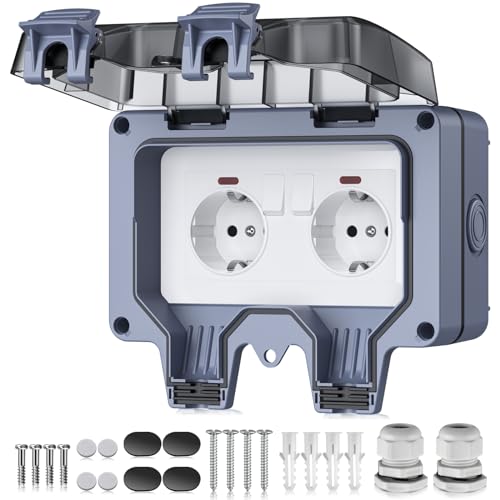 EYPINS Tomada exterior impermeável IP66 com 2 tomadas, tomada de corrente, tomada de parede para casa de banho jardim garagem cozinha e piscina