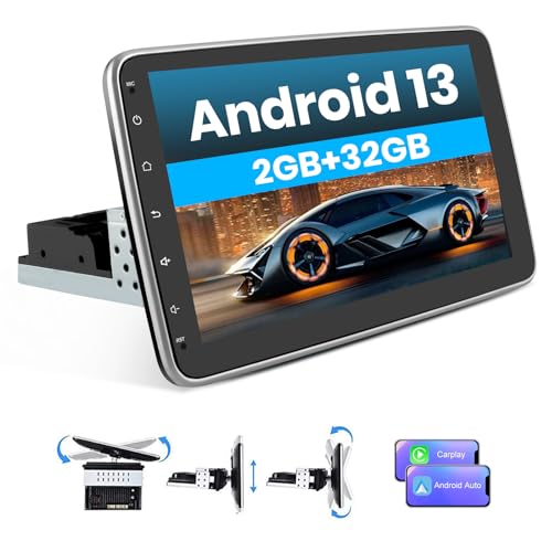 Hexinex Android 13 rádio carro 1 DIN universal com ecrã tátil e giratório de 10 polegadas, com CarPlay/AndroidAuto/Mirror Link, WiFi/GPS/Bluetooth/RDS/USB/FM/comandos de volante e câmara traseira