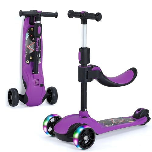BremToy Scooter para crianças dos 1 aos 12 anos, ajuste de altura infinito, skate com assento removível, 3 rodas brilhantes LED, carga máxima de 50 kg, presentes para crianças