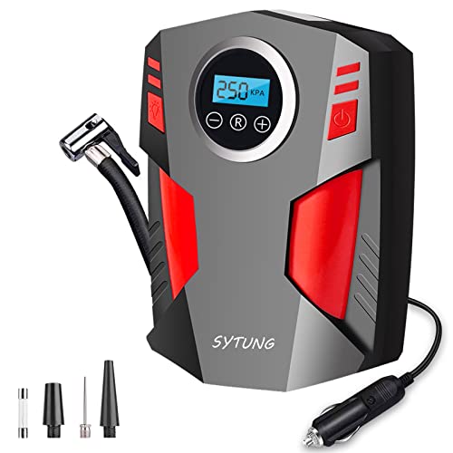 SYTUNG Inflador de rodas para carro, compressor de ar portátil de pneus de carro com 3 adaptadores de e luzes LED digitais, de ar para pneus de carro e outros insufláveis