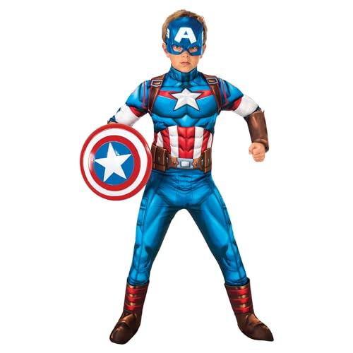 Rubies Disfarce Capitão America Deluxe para meninos e meninas, Jumpsuit com peito acolchoado, cobre botas e máscara, oficial da Marvel para carnaval, Natal, aniversários, festas e Halloween