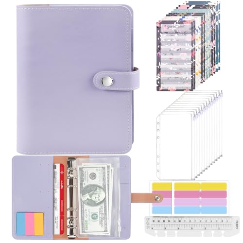 Mlife Pasta de argolas com 26 unidades, em couro, com envelopes de plástico transparente, folhas de orçamento, etiquetas de armazenamento, livro de poupança para viagens e diário (roxo)