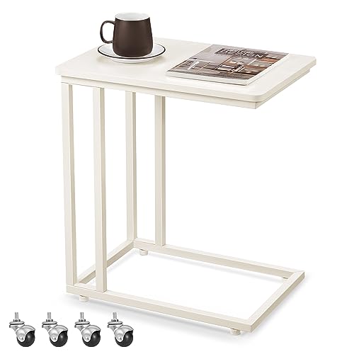 VASAGLE Mesa auxiliar de estilo moderno, mesa lateral com rodas e pés ajustáveis, para quarto, moldura de aço, fácil de montar, branco creme LNT050W77